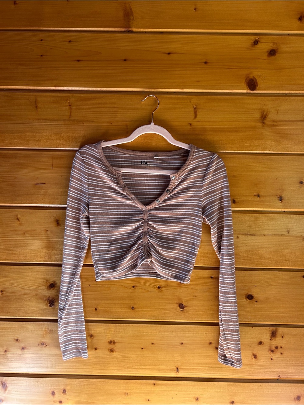 Striped Ruched Front Long-Sleeve Crop Top - Taupe